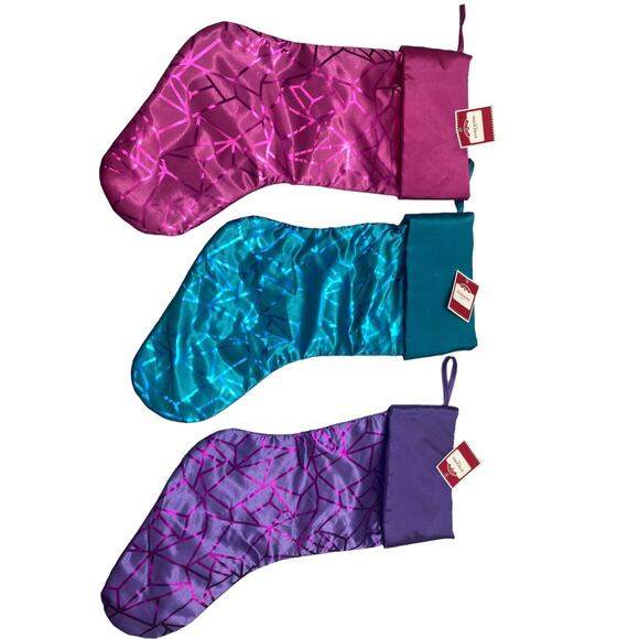 Holiday Time Christmas Foiled Design Embellished Stockings Set Of 3 Multicolor - Picture 8 of 12